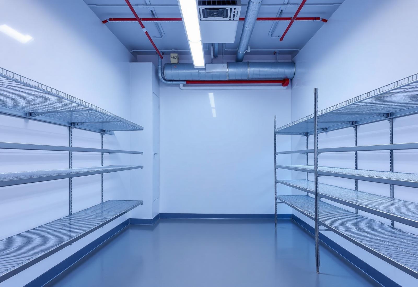Modern industrial cold room with stainless steel shelving